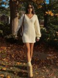 Women's Autumn Winter Fashion Sexy V-Neck Solid Color Long Sleeve Knitting Dress