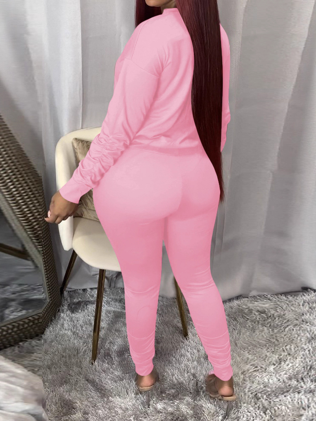 Women's Spring Autumn Fashion Solid Color Round Neck Sport Casual Two-Piece Pants Set