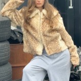 Women's Autumn Winter Chic Style Turndown Collar Short Warm Long Sleeve Faux Fur Coat