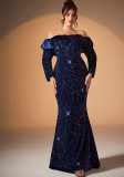 Women's Winter Off Shoulder Glitter Sequin Slim Fit Mermaid Chic Plus Size Prom Dress