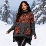 Women's Diamond Pattern High Neck Fringe Loose Knit Top