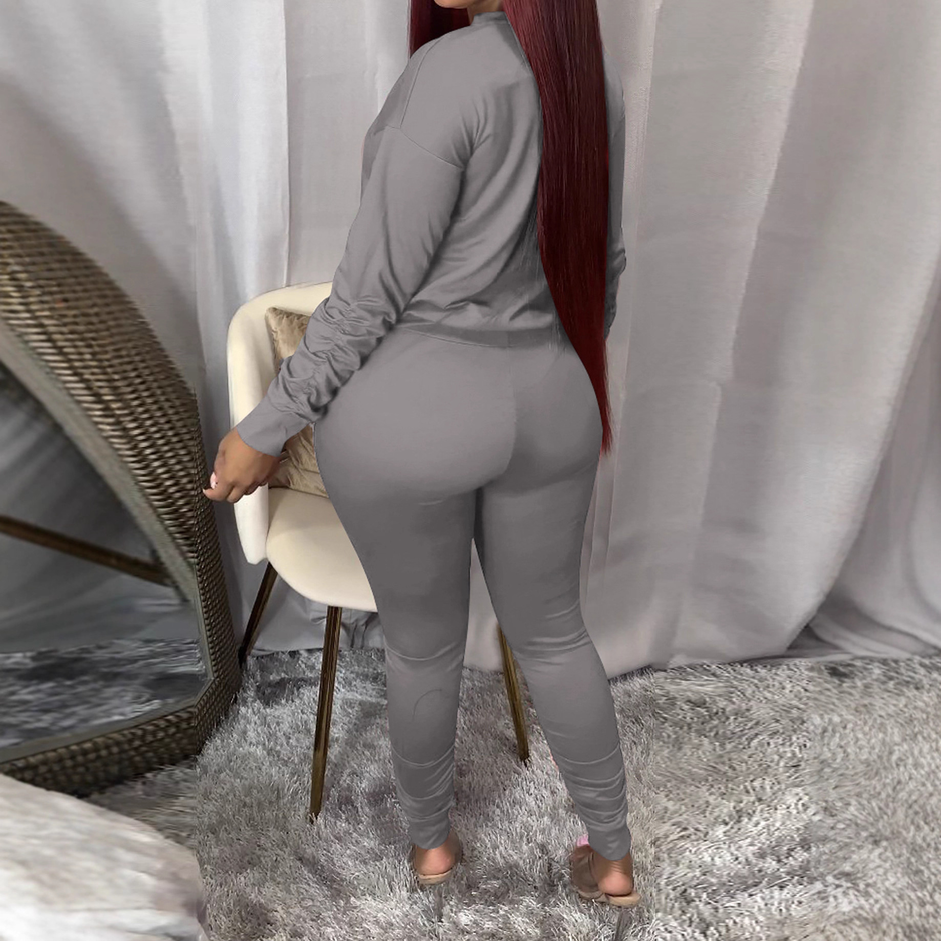 Women's Spring Autumn Fashion Solid Color Round Neck Sport Casual Two-Piece Pants Set