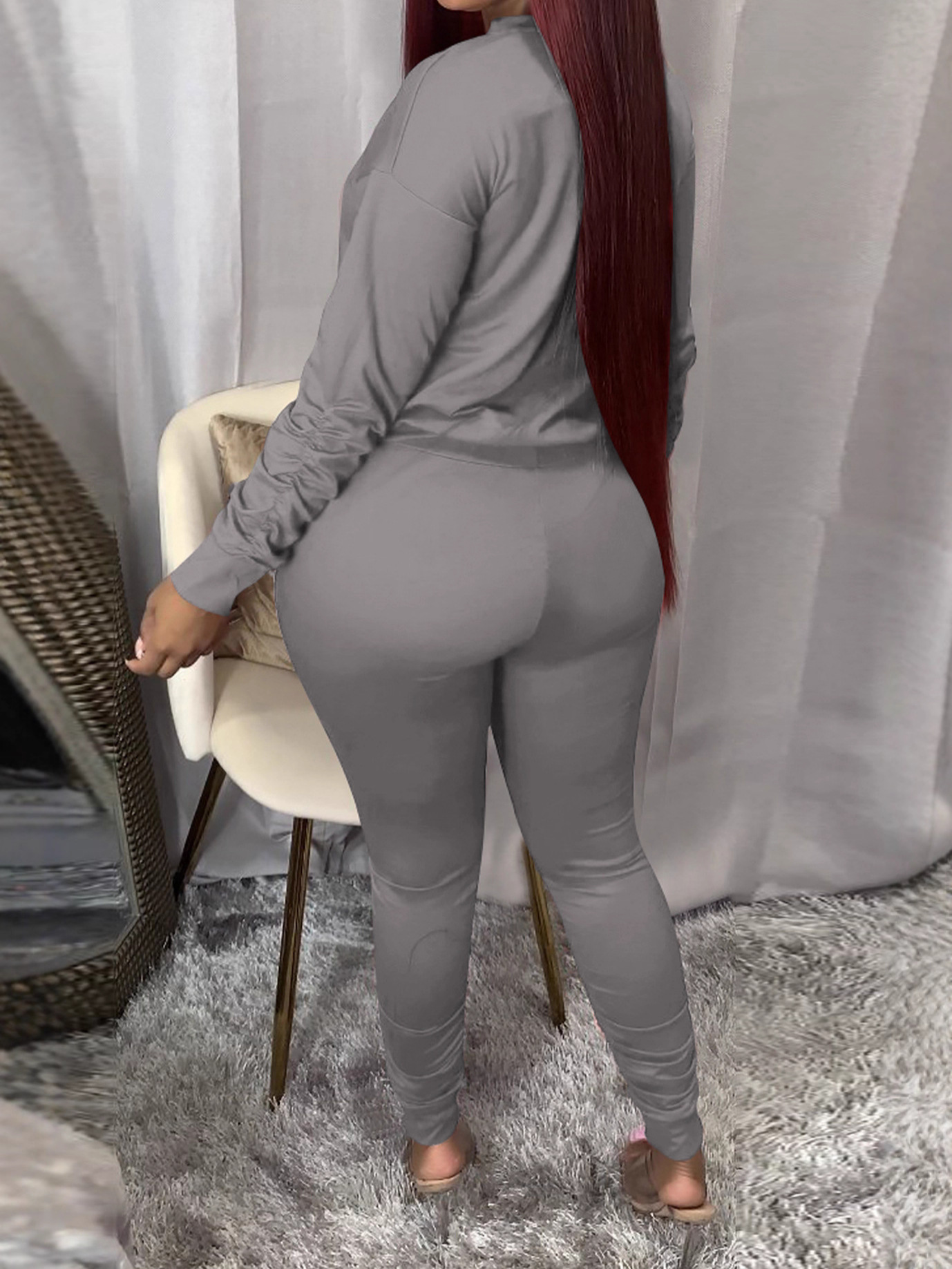 Women's Spring Autumn Fashion Solid Color Round Neck Sport Casual Two-Piece Pants Set