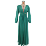 Women's Deep V Solid Color Long Sleeve Sexy Open Waist Lace-Up Slit Long Dress