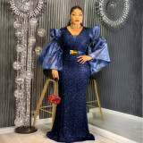 Women's African Plus Size Sequins High Waist Christmas Party Dress