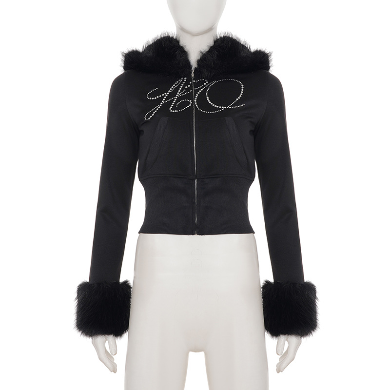 Women's Autumn Winter Casual Fuzzy Long Sleeve Letter Beaded Zip-Up Hoodies Joggers Two-Piece Pants Set