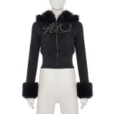 Women's Autumn Winter Casual Fuzzy Long Sleeve Letter Beaded Zip-Up Hoodies Joggers Two-Piece Pants Set