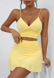 Women's Summer Solid Color Sexy Low Back Strap Two Piece Skirt Set