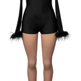 Women's Sexy Round Neck Low Back Long Sleeve Plush Solid Color Tight Fitting Short Jumpsuit