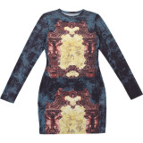 Women's Autumn Winter Fashion Sexy Print Long Sleeve Slim Bodycon Dress