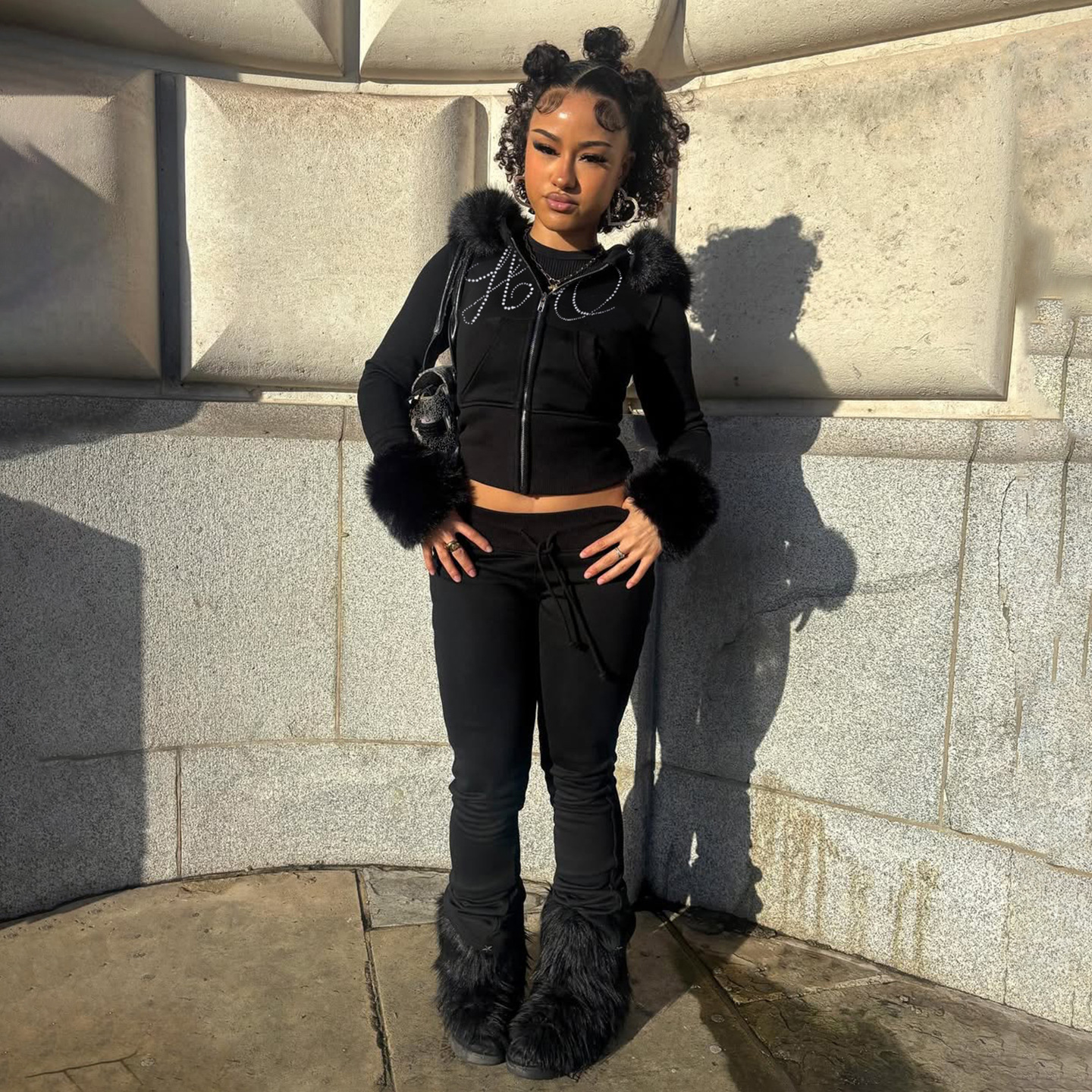 Women's Autumn Winter Casual Fuzzy Long Sleeve Letter Beaded Zip-Up Hoodies Joggers Two-Piece Pants Set