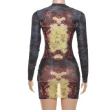 Women's Autumn Winter Fashion Sexy Print Long Sleeve Slim Bodycon Dress