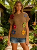 Women's Summer Fashion Floral Crochet Short Sleeve Loose Knit Pullover Top