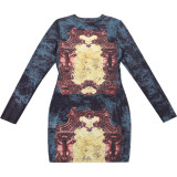 Women's Autumn Winter Fashion Sexy Print Long Sleeve Slim Bodycon Dress
