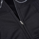 Women's Autumn Winter Casual Fuzzy Long Sleeve Letter Beaded Zip-Up Hoodies Joggers Two-Piece Pants Set