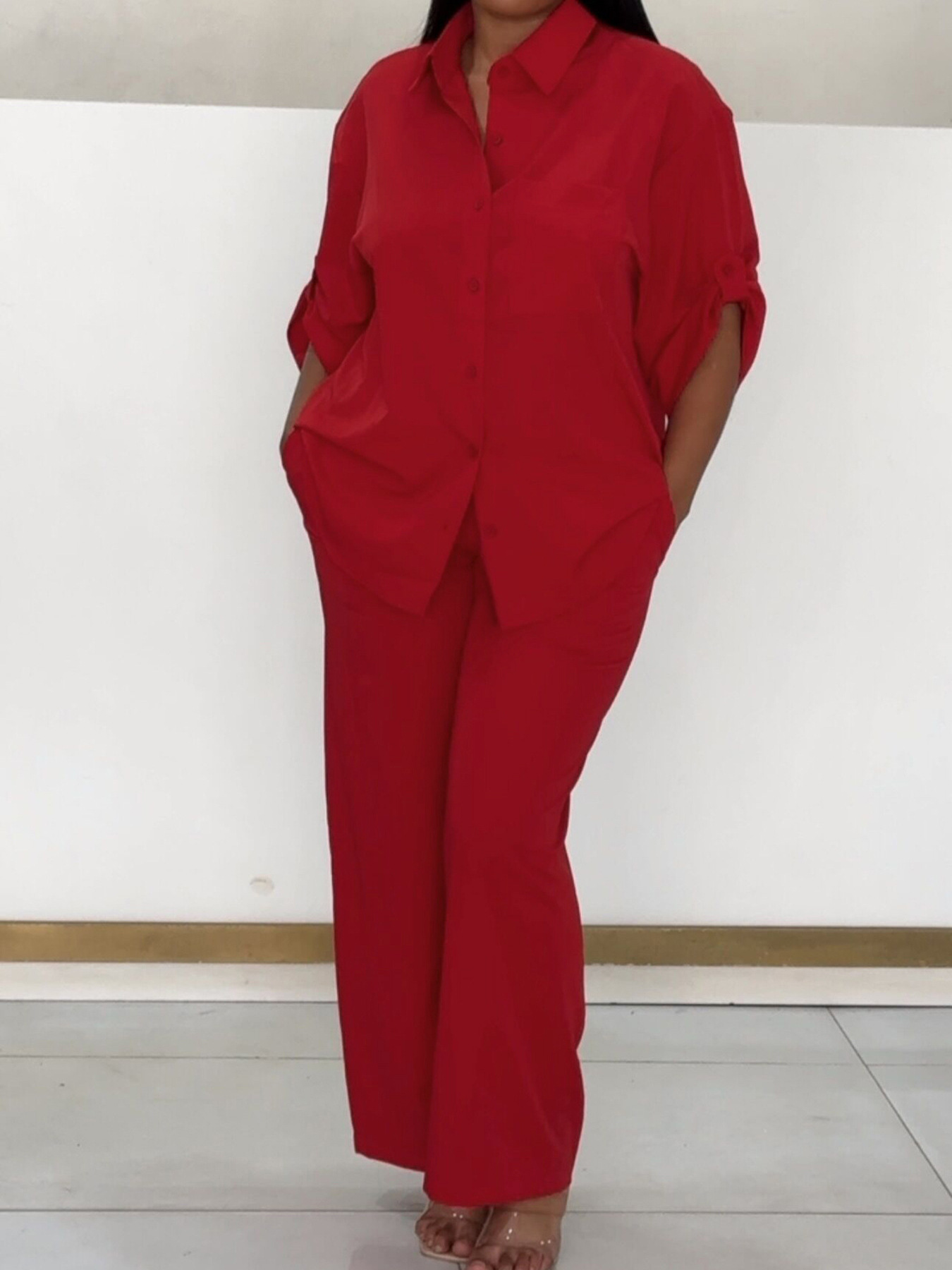 Women's Fashion Casual Turndown Collar with Patch Pockets Shirt and Pants Two-Piece Set