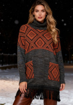 Women's Diamond Pattern High Neck Fringe Loose Knit Top