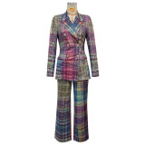 Women's Autumn Winter Career Fashion Plaid Print Long Sleeve Slim Fit Blazer Trousers Suits
