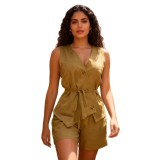Women's Summer Sleeveless V-Neck Slim Waist Vest and Shorts Chic Career Casual Two-Piece Set