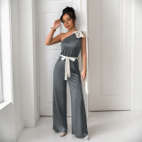 Women Summer Color Block Bow Ribbon Slash Shoulder Sleeveless Jumpsuit
