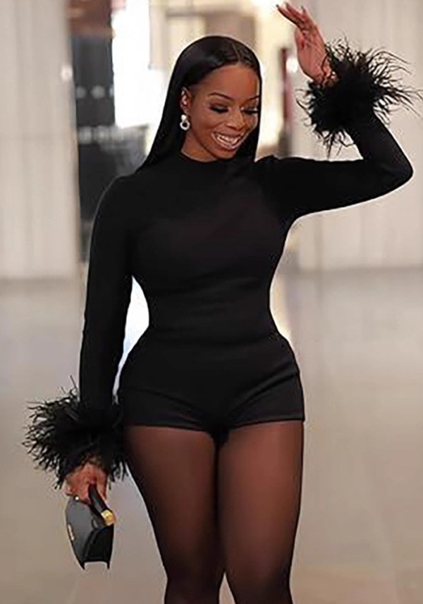 Women's Sexy Round Neck Low Back Long Sleeve Plush Solid Color Tight Fitting Short Jumpsuit