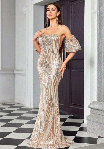 Women's Strapless Chic Glitter Stripe sequin Color Block Evening Dress