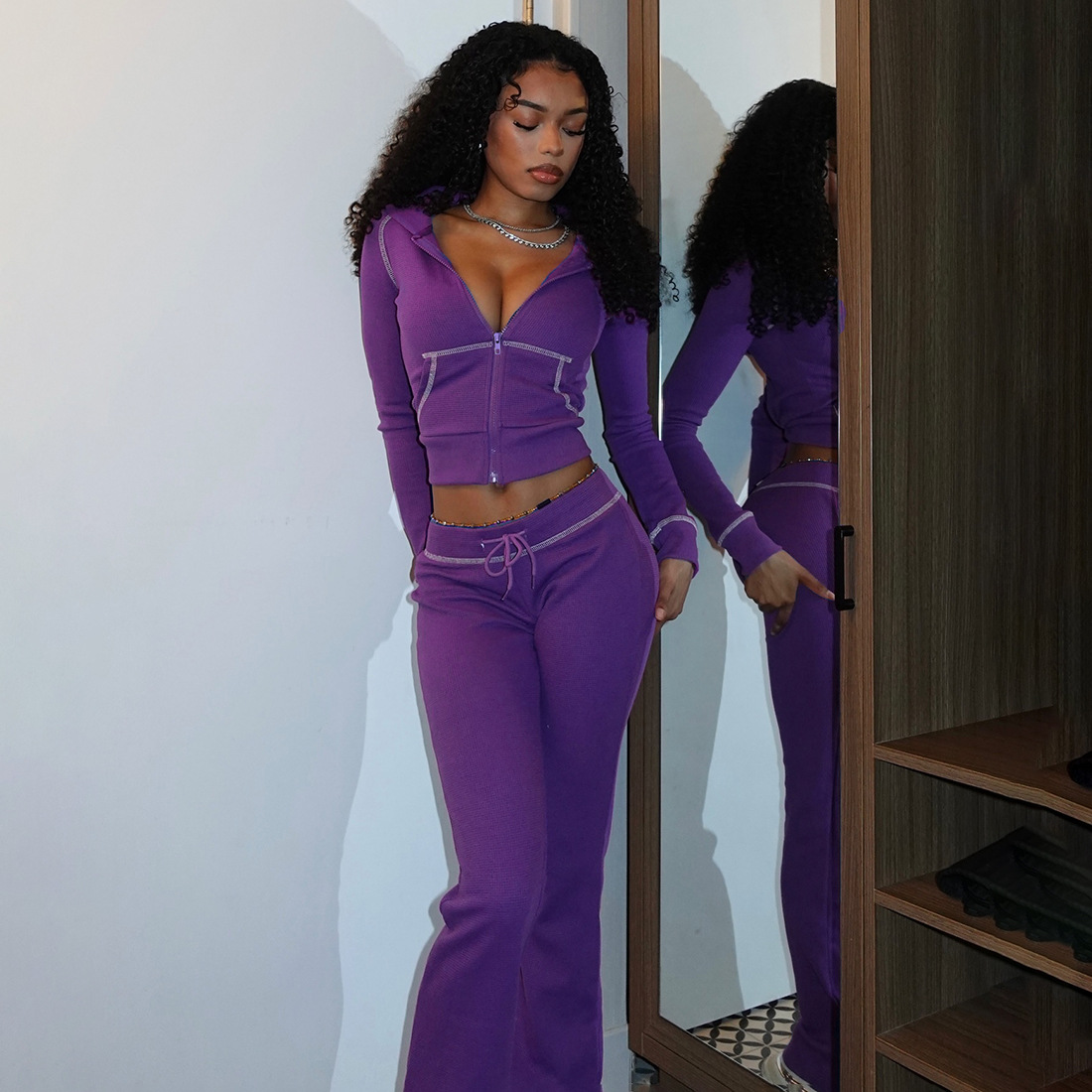 Women's Autumn Winter Fashion Chic Casual Career Hooded Zip-Up Top and Pants Set