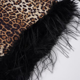 Women's Sexy Cut-Out Halter Neck Fuzzy Patchwork Leopard Print Nightclub Style Sleeveless Slim Bodycon Dress