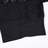 Women's Autumn Winter Casual Fuzzy Long Sleeve Letter Beaded Zip-Up Hoodies Joggers Two-Piece Pants Set