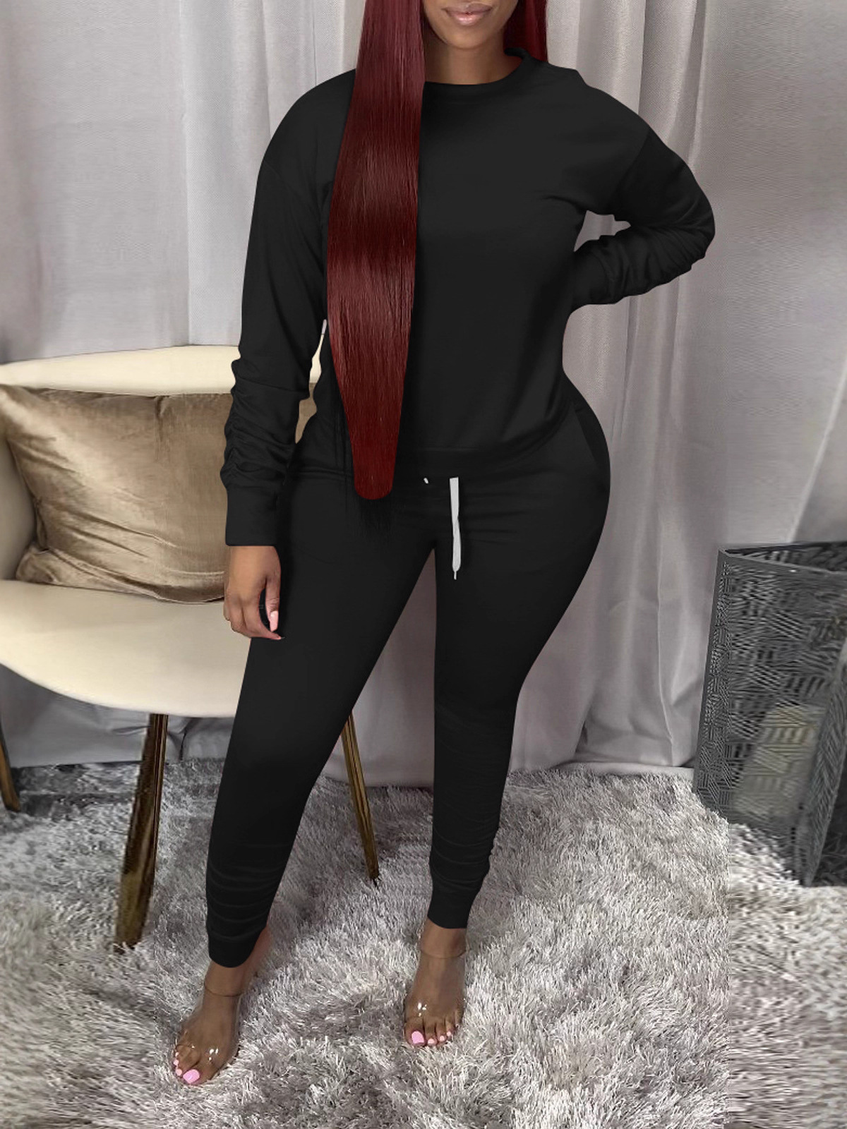 Women's Spring Autumn Fashion Solid Color Round Neck Sport Casual Two-Piece Pants Set