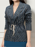 Women's Stripe Print Long Sleeve Slim Waist Lace-Up Blazer