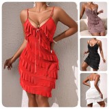 Multi-Layer Lace Trim Mesh Strap V-Neck Pearl Pendant Sleepwear Nightdress
