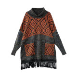 Women's Diamond Pattern High Neck Fringe Loose Knit Top