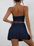 Women's Summer Solid Color Sexy Low Back Strap Two Piece Skirt Set