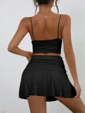 Women's Summer Solid Color Sexy Low Back Strap Two Piece Skirt Set