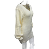 Women's Autumn Winter Fashion Sexy V-Neck Solid Color Long Sleeve Knitting Dress