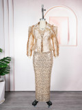 Women's African Fashion Sequin Sleeveless Dress Blazer Set
