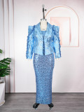 Women's African Fashion Sequin Sleeveless Dress Blazer Set