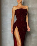 Women's Sequin Sexy Strapless Slit Chic Dress
