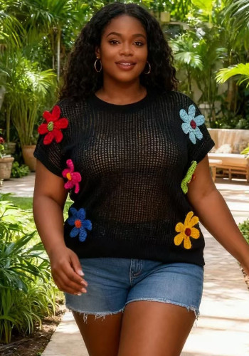 Women's Summer Fashion Floral Crochet Short Sleeve Loose Knit Pullover Top