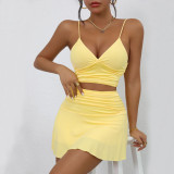 Women's Summer Solid Color Sexy Low Back Strap Two Piece Skirt Set