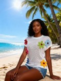 Women's Summer Fashion Floral Crochet Short Sleeve Loose Knit Pullover Top
