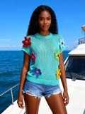 Women's Summer Fashion Floral Crochet Short Sleeve Loose Knit Pullover Top