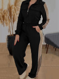Women's Autumn Winter Fashion Zip-Up Jacket Top Patchwork Webbing Two-Piece Pants Set