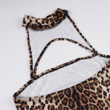 Women's Sexy Cut-Out Halter Neck Fuzzy Patchwork Leopard Print Nightclub Style Sleeveless Slim Bodycon Dress