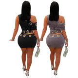 Women's Fashion Tight Fitting Sexy Velvet Slash Shoulder Top Bodycon Mini Skirt Two-Piece Set