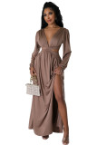 Women's Deep V Solid Color Long Sleeve Sexy Open Waist Lace-Up Slit Long Dress
