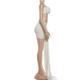 Women Autumn Sexy Solid Backless Halter Neck Camisole Top and Skirt Two-Piece Set