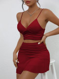 Women's Summer Solid Color Sexy Low Back Strap Two Piece Skirt Set