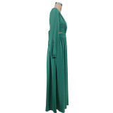 Women's Deep V Solid Color Long Sleeve Sexy Open Waist Lace-Up Slit Long Dress